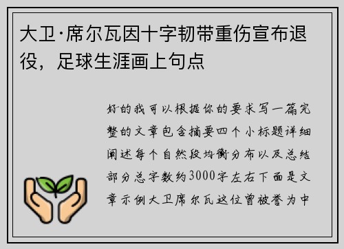 大卫·席尔瓦因十字韧带重伤宣布退役，足球生涯画上句点